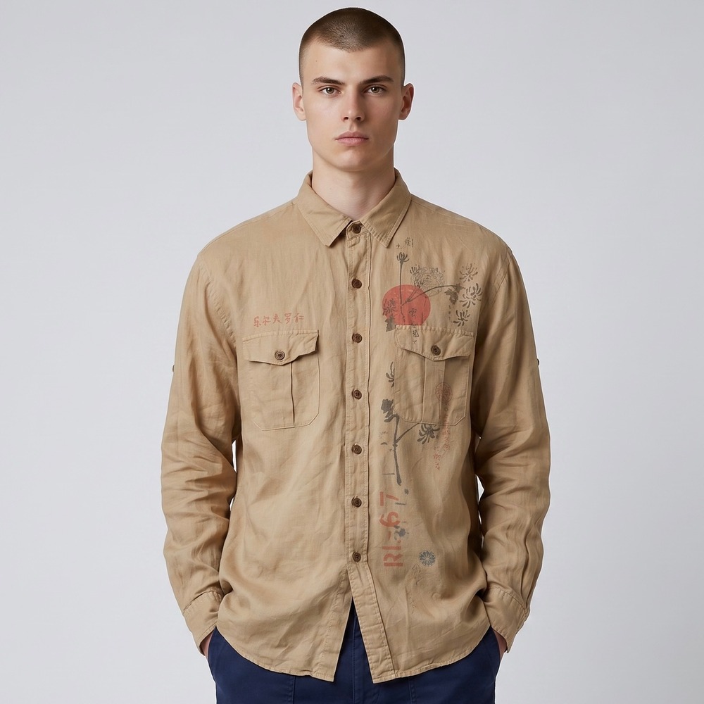 Polo Ralph Lauren Karesansui Silk Linen CPO Workshirt Graphic‎ Beige Men's XL